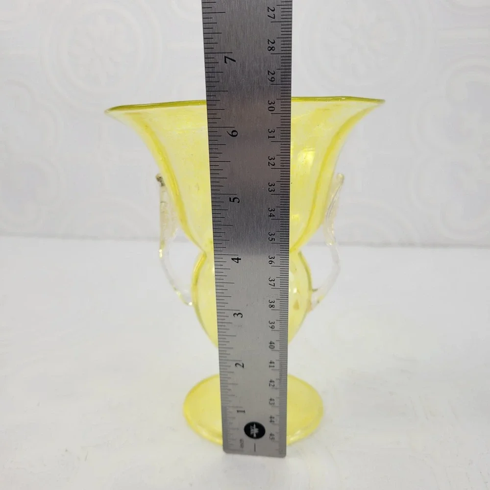 Vintage Yellow Blown Glass Trophy‎ Vase MCM Clear Leaf Handles 6.75in Art Glass